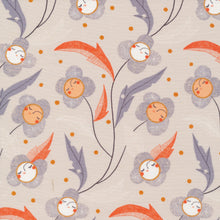 Load image into Gallery viewer, off white background with gray and orange flower detail. flowers are stylized and smiling.