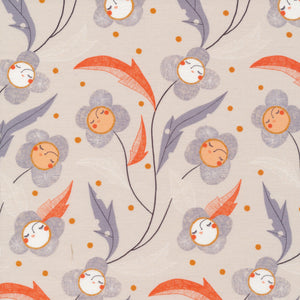 off white background with gray and orange flower detail. flowers are stylized and smiling.